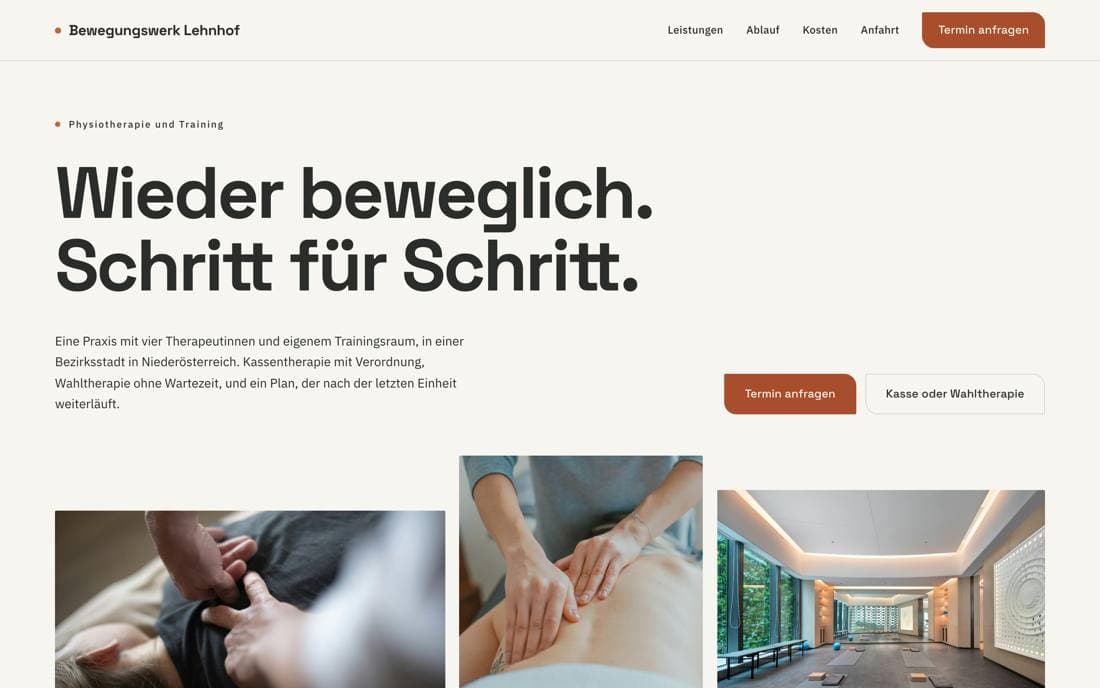 Bildschirmfoto der Musterseite Bewegungswerk Lehnhof