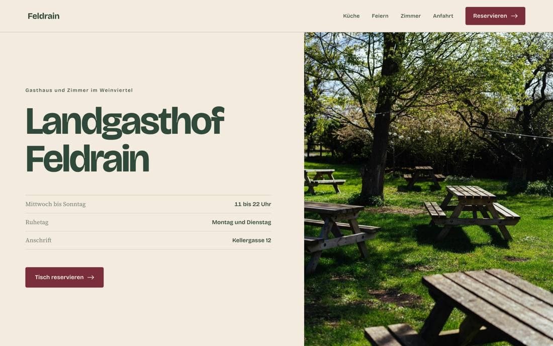 Bildschirmfoto der Musterseite Landgasthof Feldrain